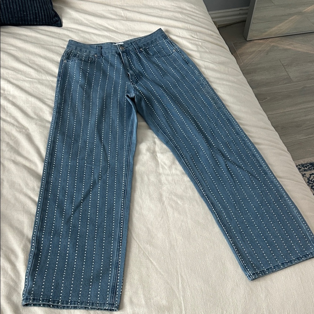 Forever 21 Blue Wide Leg Jeans with White Stripes